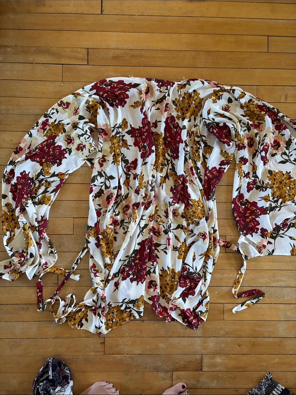 Umgee White Floral Wrap Kimono Duster with Burgundy & Mustard Blooms